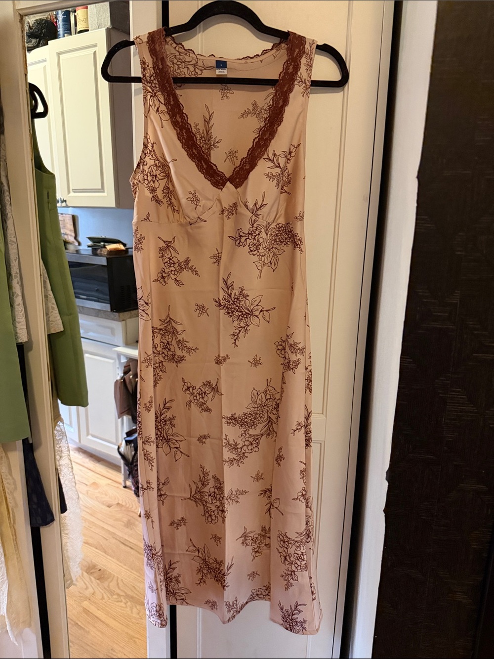 Old Navy Cream Slip Dress with Brown Floral Lace Trim